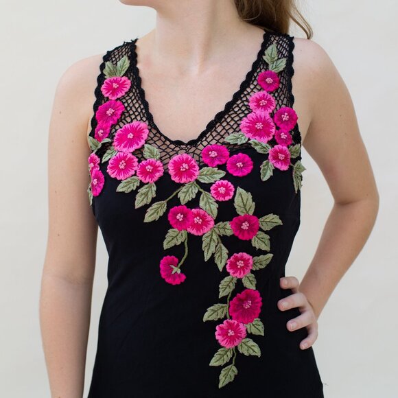 Vintage Cache 90s Midi Dress Silk Salsa Asymmetrical Fringe Tassel Rose Applique - Picture 2 of 15